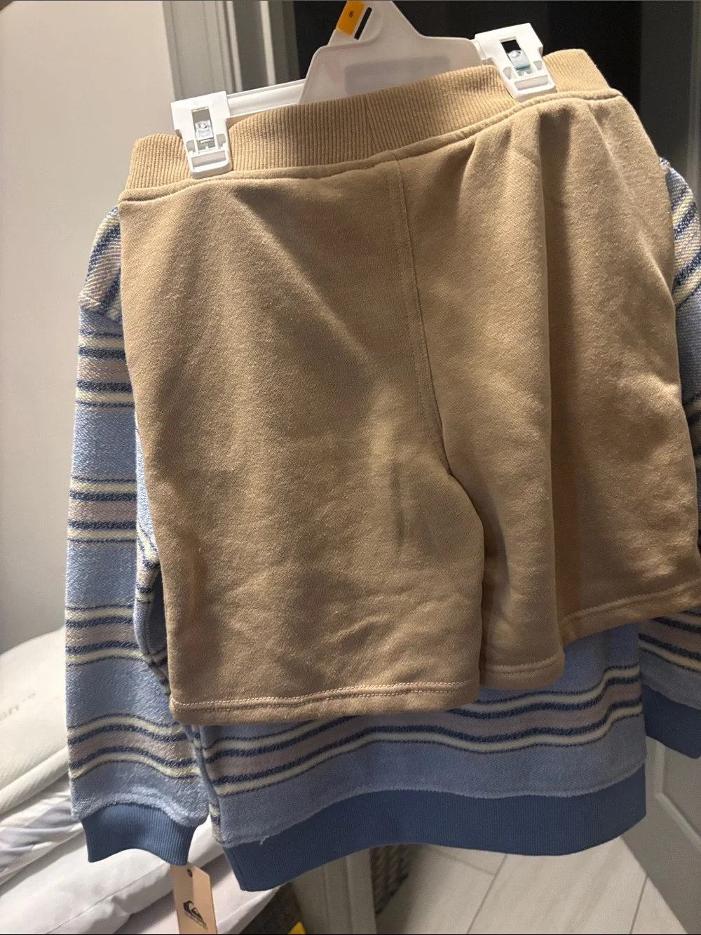 Striped Hooded Sweater and shorts set - Light Blue & Cream